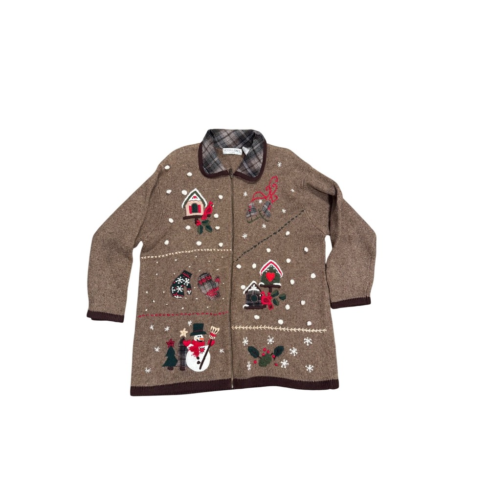 Victoria Jones Woman Vintage Christmas Snowman Zip Up Sweater Brown 2X embellish